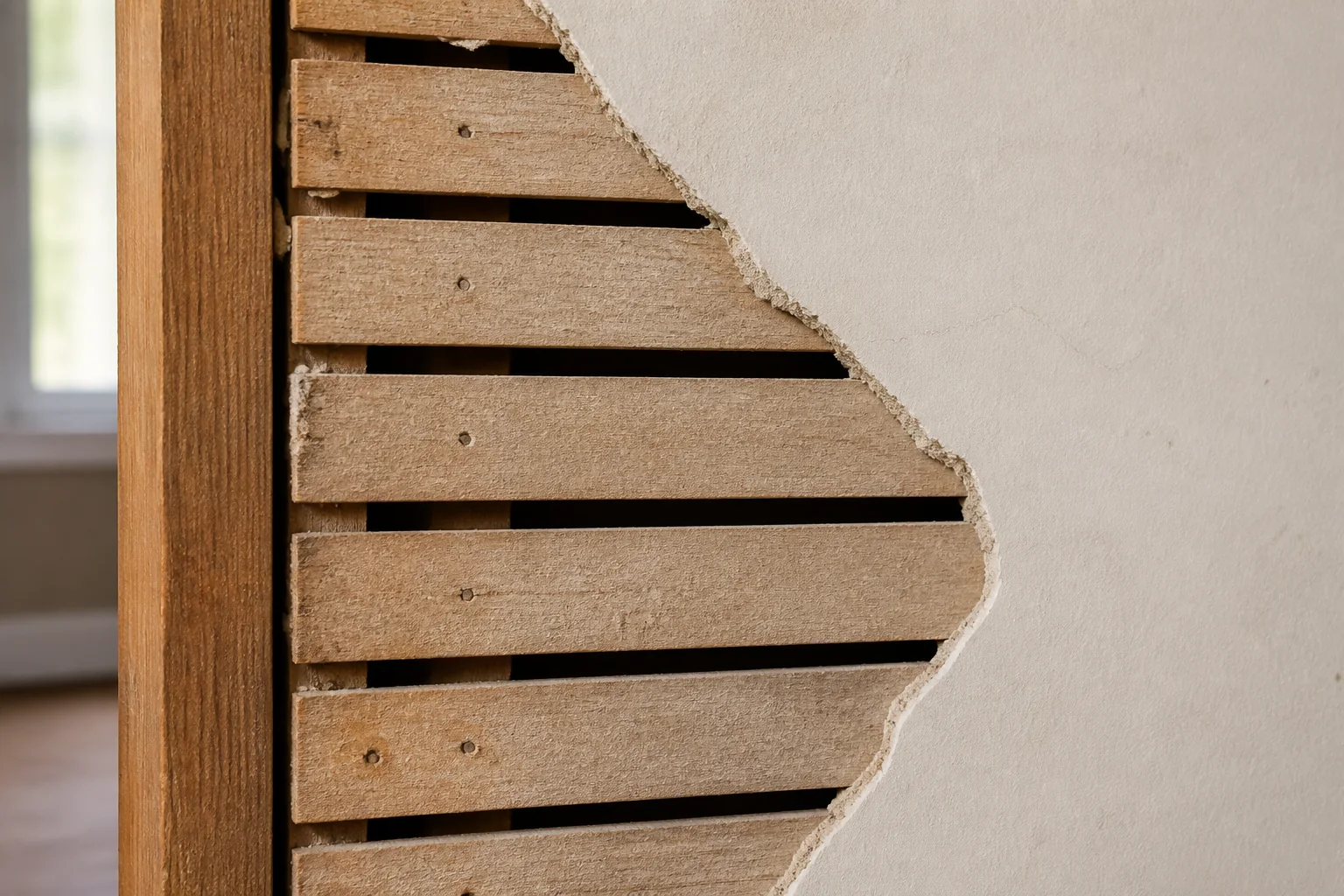 Traditional plaster wall cutaway revealing horizontal wood lath